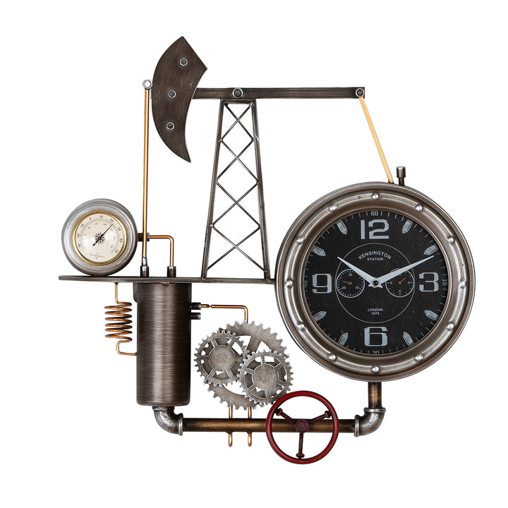 Wanduhr Ölförderturm aus Metall mit Thermometer
