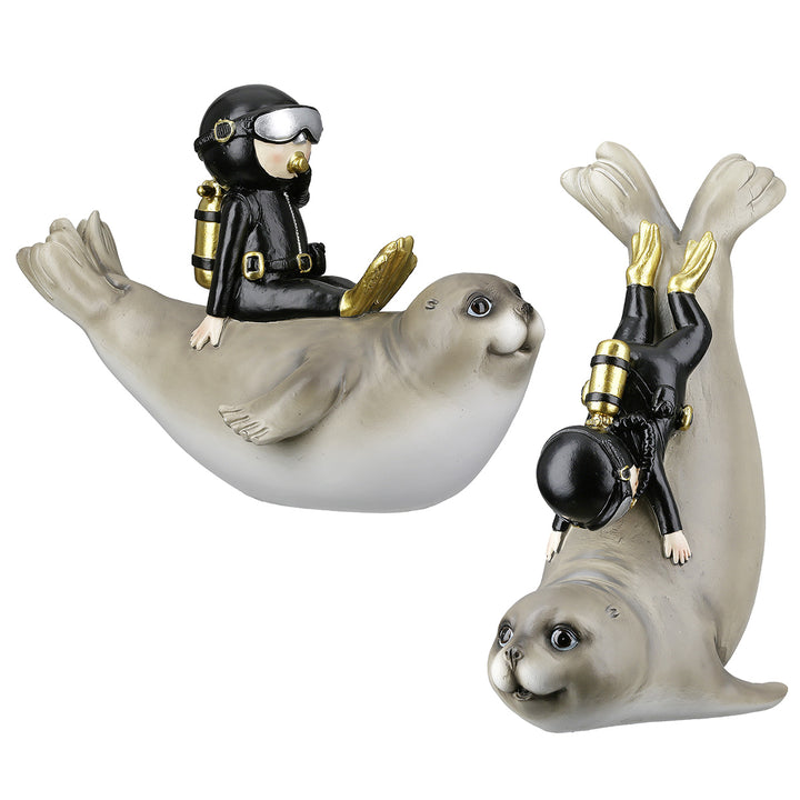Figur Robbe „Scuba“ – maritime Dekofigur mit Taucher aus Kunstharz im 2er Set