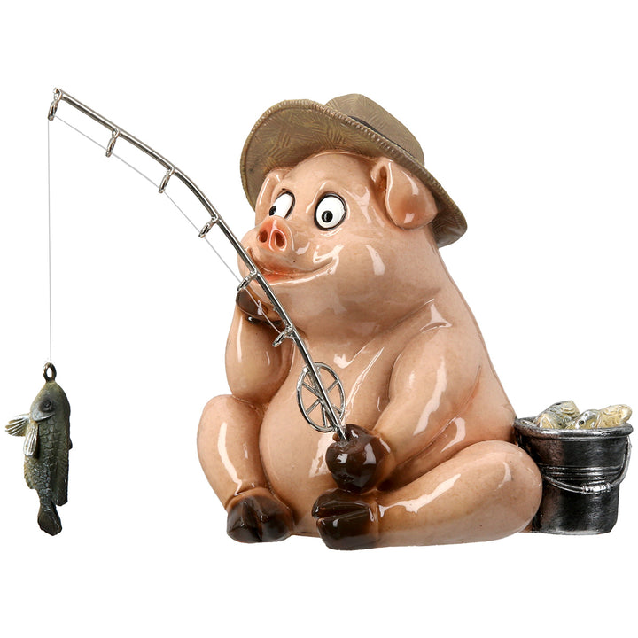 Dekofigur Schwein beim Angeln