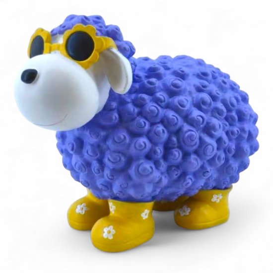 Deko Schaf mit Blumenbrille Lila aus Polyresin – fröhliche Tierfigur für Haus und Garten