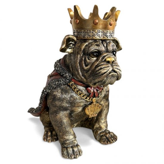 Dekofigur Bulldogge König – luxuriöse Tierfigur aus Kunstharz in Antik Gold