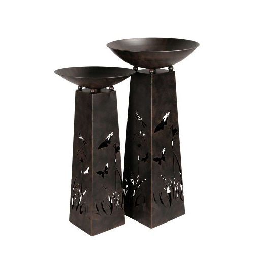Schale auf Säule 2er Set – dekorative Metallsäulen mit Schalen aus Eisen in Dunkelbraun
