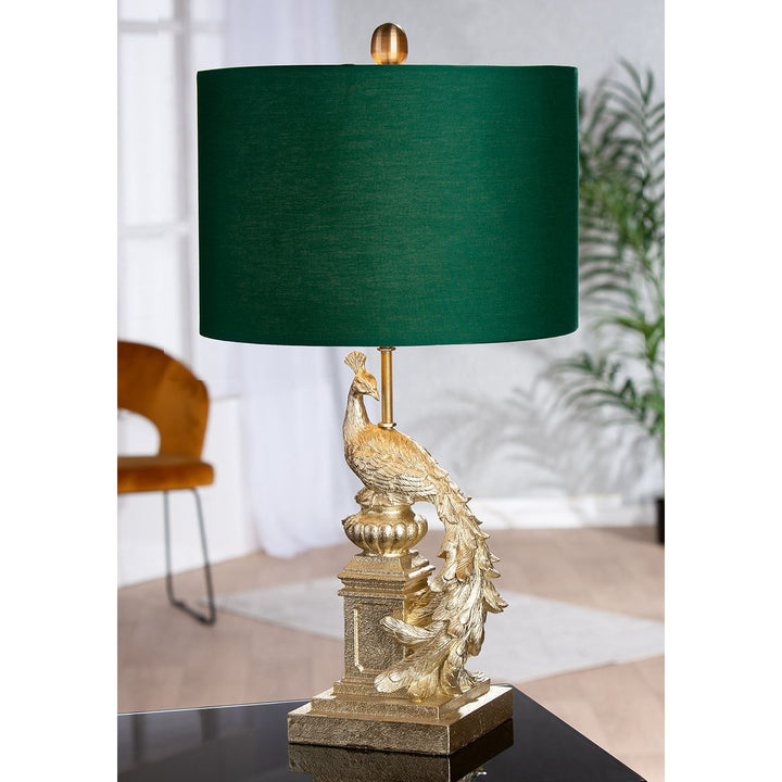 Tischleuchte Pfau Pavoa – elegante Design Tischlampe in Gold mit grünem Lampenschirm