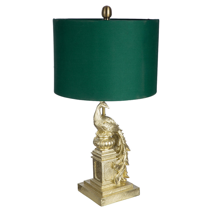 Tischleuchte Pfau Pavoa – elegante Design Tischlampe in Gold mit grünem Lampenschirm