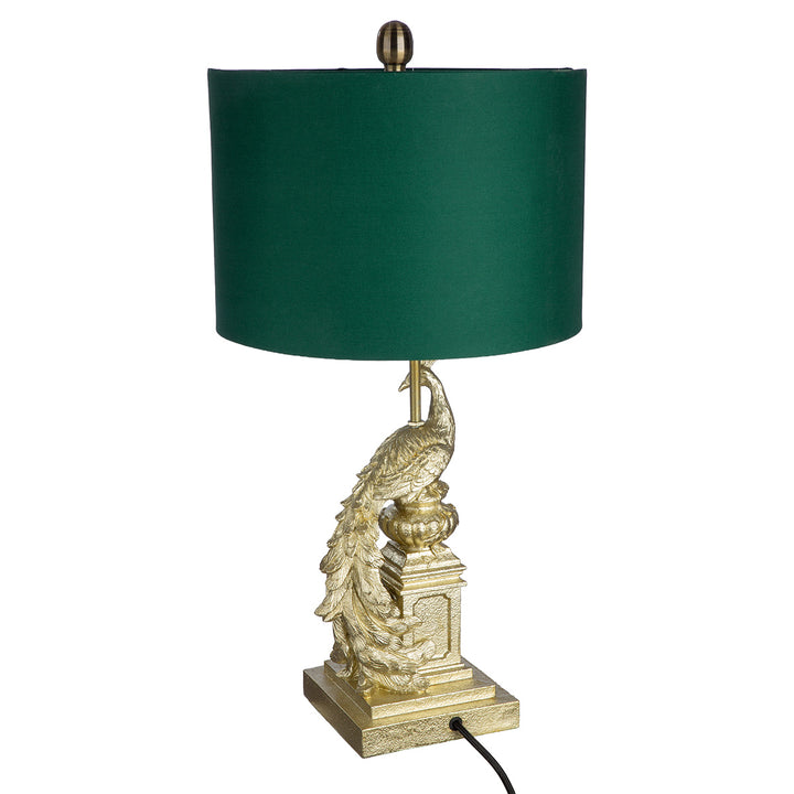 Tischleuchte Pfau Pavoa – elegante Design Tischlampe in Gold mit grünem Lampenschirm