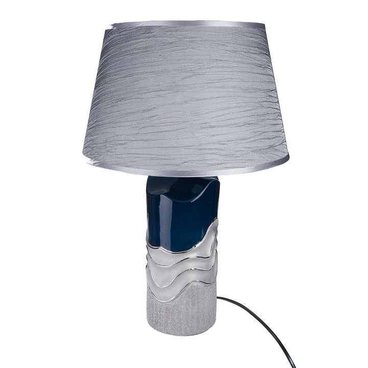 Tischleuchte „Wavy“ dekorative Keramik Lampe in Dunkelblau mit silbernen Akzenten