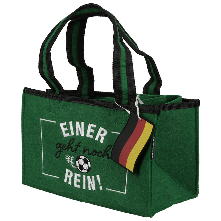 Flaschentasche Fußball „Einer geht noch rein“ – Filz Flaschenträger für 6 Flaschen