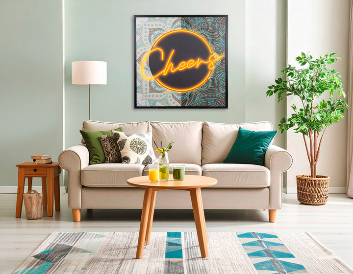 LED Bild Cheers – quadratisches Leinwandbild mit Neon Schriftzug