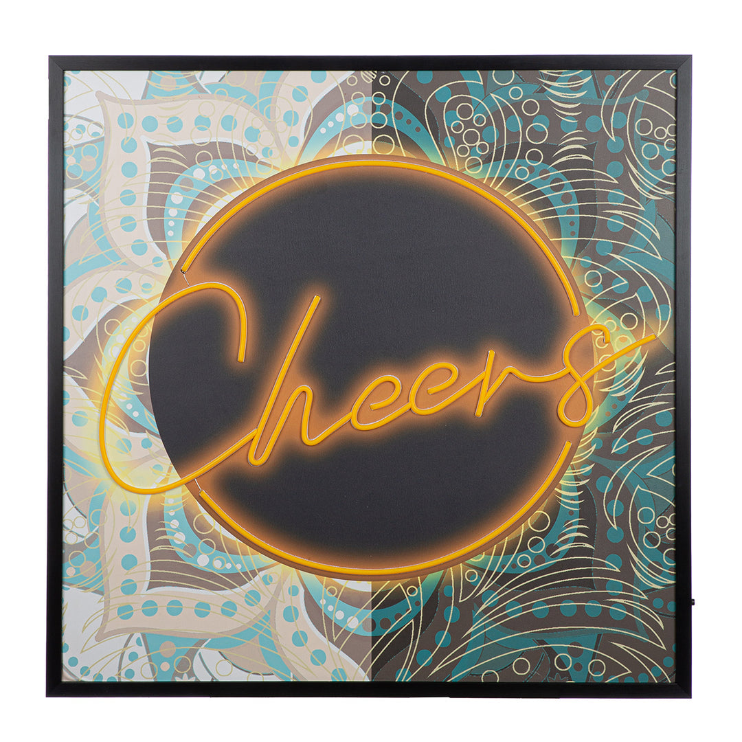 LED Bild Cheers – quadratisches Leinwandbild mit Neon Schriftzug