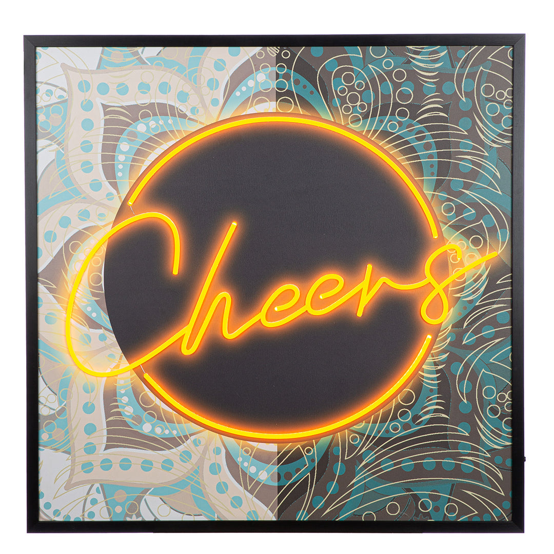 LED Bild Cheers – quadratisches Leinwandbild mit Neon Schriftzug