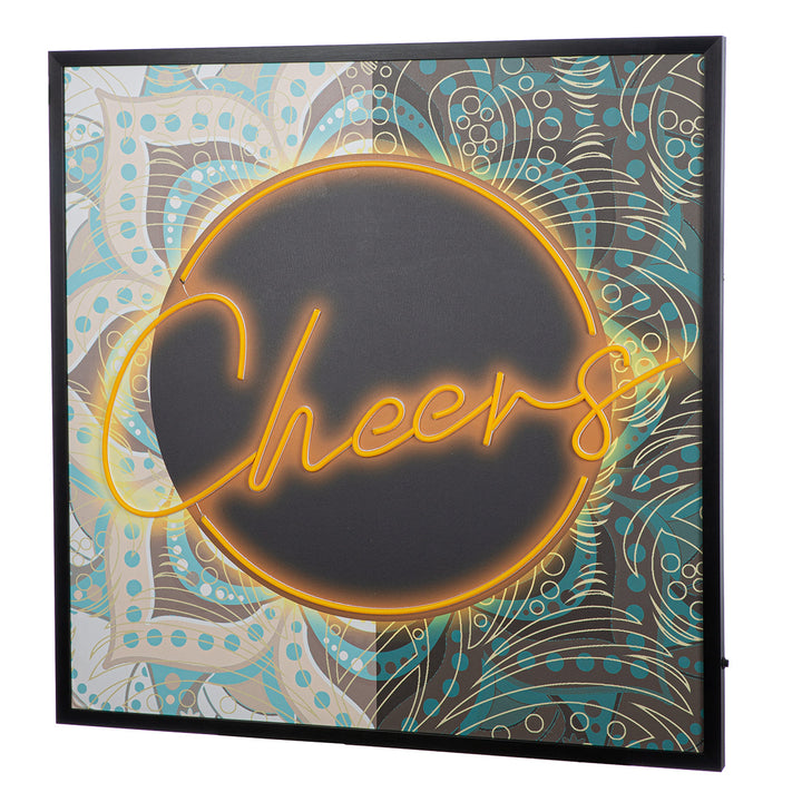 LED Bild Cheers – quadratisches Leinwandbild mit Neon Schriftzug