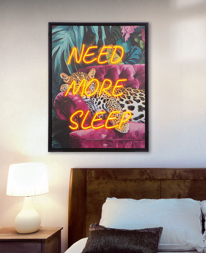 LED Bild Need more sleep – rechteckiges Leinwandbild mit stylischem Neon Schriftzug
