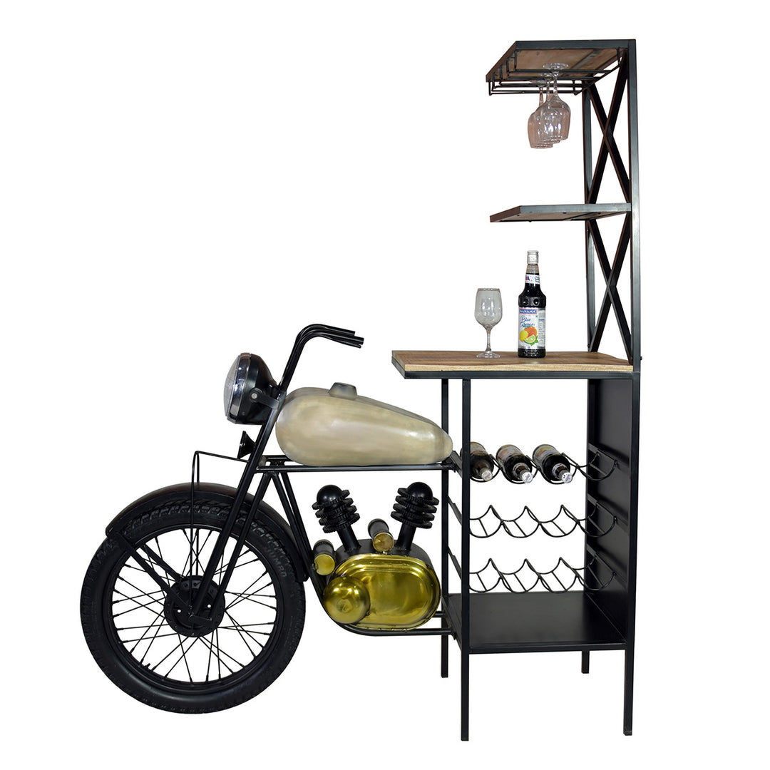 Bar Motorrad – außergewöhnliches Barregal aus Eisen und Mango Holz in Schwarz