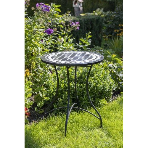 Gartentisch rund 60 cm – stilvoller Mosaiktisch aus Eisen in Schwarz Weiß