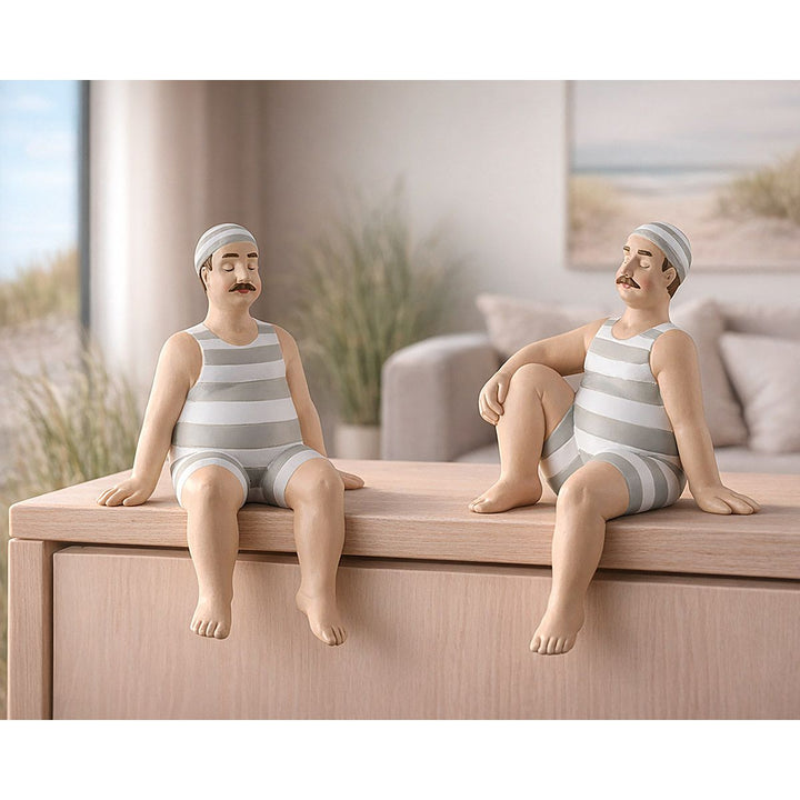 Kantensitzerfigur Mann Benny im 2er Set aus Kunstharz in Beige und Weiß