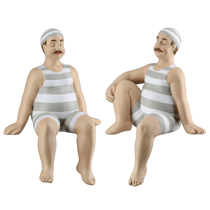 Kantensitzerfigur Mann Benny im 2er Set aus Kunstharz in Beige und Weiß