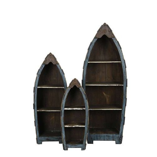 Regal Boot 3er Set – maritime Wandregale aus Holz in Blau Braun