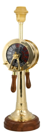 Lampe Maschinentelegraf – maritime Tischlampe aus Messing und Holz mit nautischem Instrument