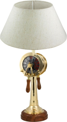 Lampe Maschinentelegraf – maritime Tischlampe aus Messing und Holz mit nautischem Instrument