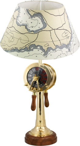 Lampe Maschinentelegraf – maritime Tischlampe aus Messing und Holz mit nautischem Instrument