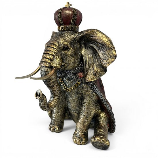 Dekofigur Elefant König – luxuriöse Tierfigur aus Kunstharz in Antik Gold