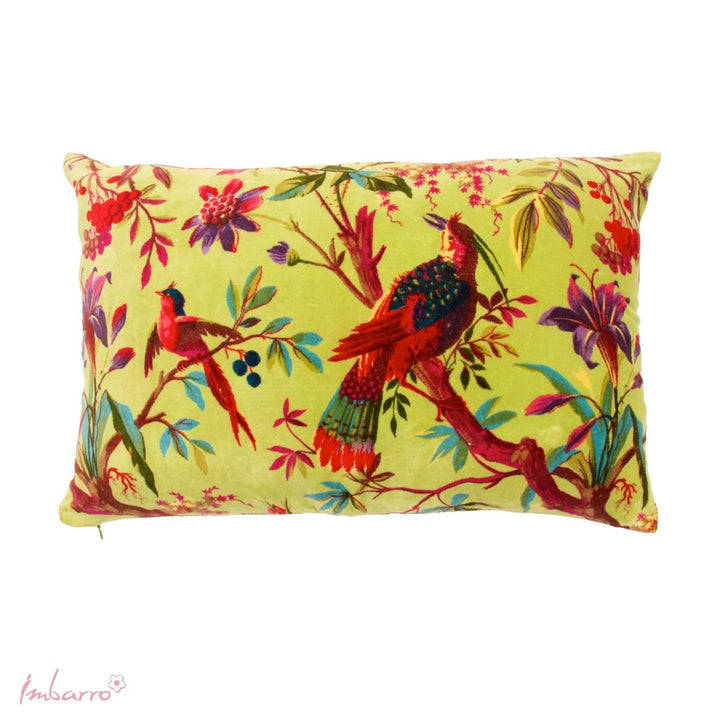 Kissen Paradise Birds – luxuriöses Samtkissen mit exotischem Vogel und Blumen Design in 13 Farben