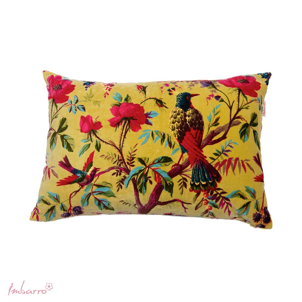 Kissen Paradise Birds – luxuriöses Samtkissen mit exotischem Vogel und Blumen Design in 13 Farben