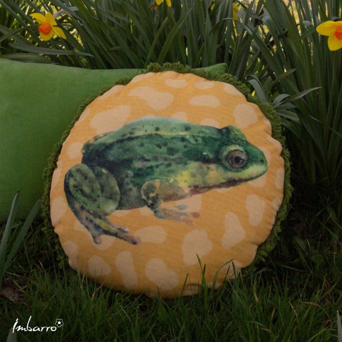 Kissen Frog – rundes Dekokissen mit Frosch Motiv und Fransenrand