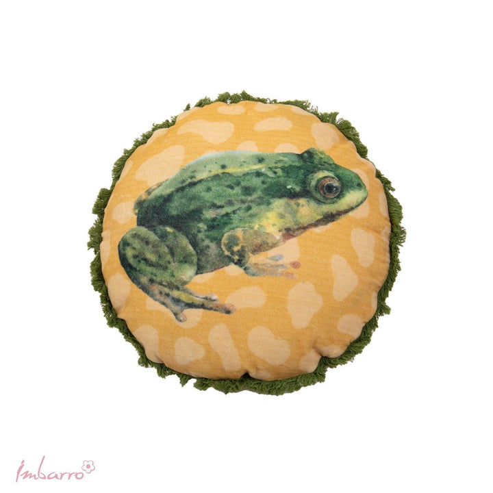 Kissen Frog – rundes Dekokissen mit Frosch Motiv und Fransenrand