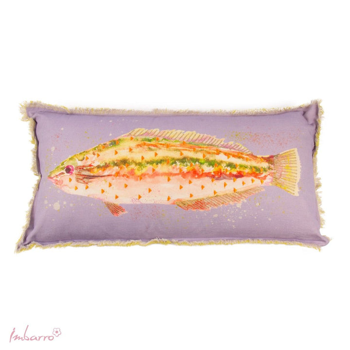 Kissen Ocean Stripe Fish – dekoratives Baumwollkissen mit modernem Fisch Design und Fransenrand