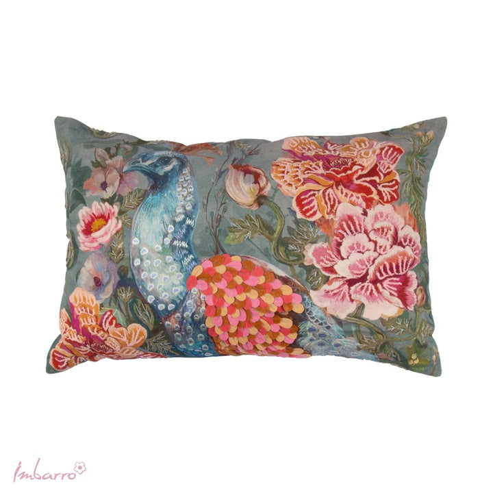 Kissen Plume – luxuriöses Baumwollkissen mit Pfauenmotiv und floraler Stickerei