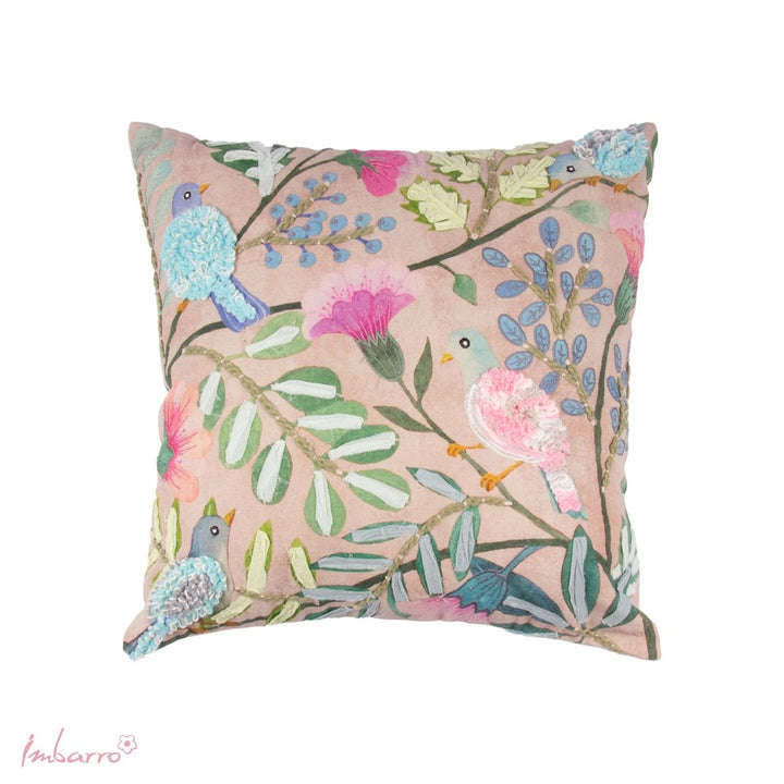 Kissen Vivid – romantisches Baumwollkissen mit Vogelmotiv und floraler Stickerei
