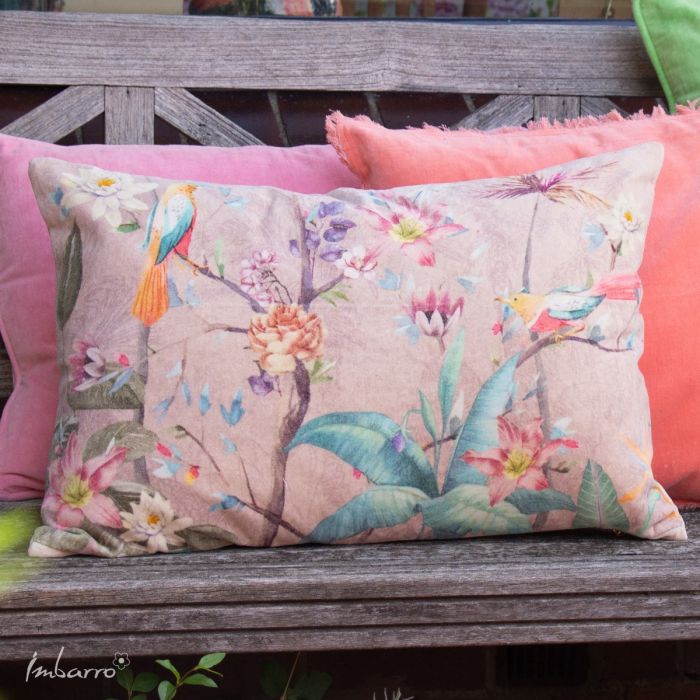 Kissen Melody – romantisches Baumwollkissen mit floralem Vogelmotiv in Pastelltönen