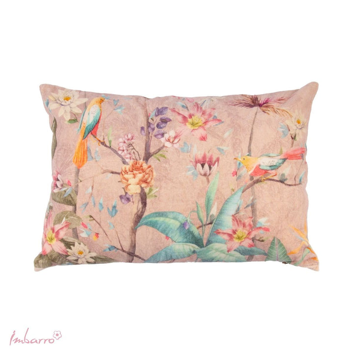 Kissen Melody – romantisches Baumwollkissen mit floralem Vogelmotiv in Pastelltönen