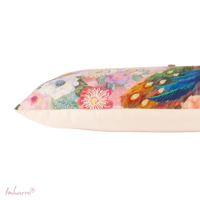 Kissen Majesty – luxuriöses Baumwollkissen mit Pfauenmotiv und floralen Stickereien