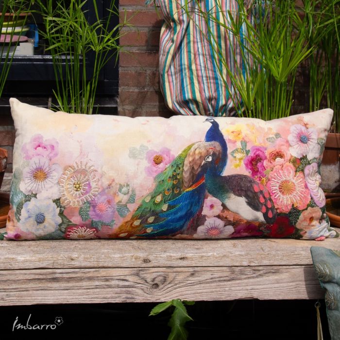 Kissen Majesty – luxuriöses Baumwollkissen mit Pfauenmotiv und floralen Stickereien