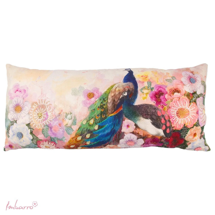 Kissen Majesty – luxuriöses Baumwollkissen mit Pfauenmotiv und floralen Stickereien