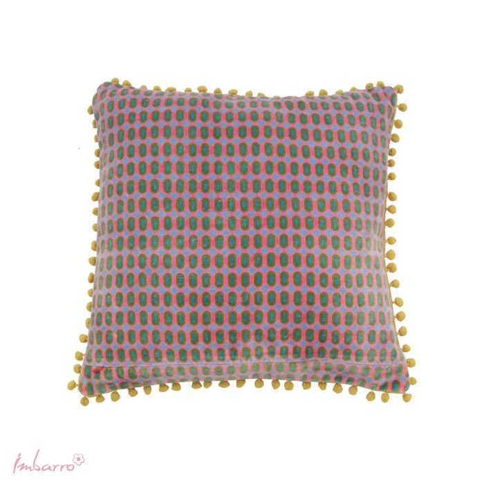Kissen Vivienne – luxuriöses Samtkissen mit floralem Muster und Pompon Bordüre