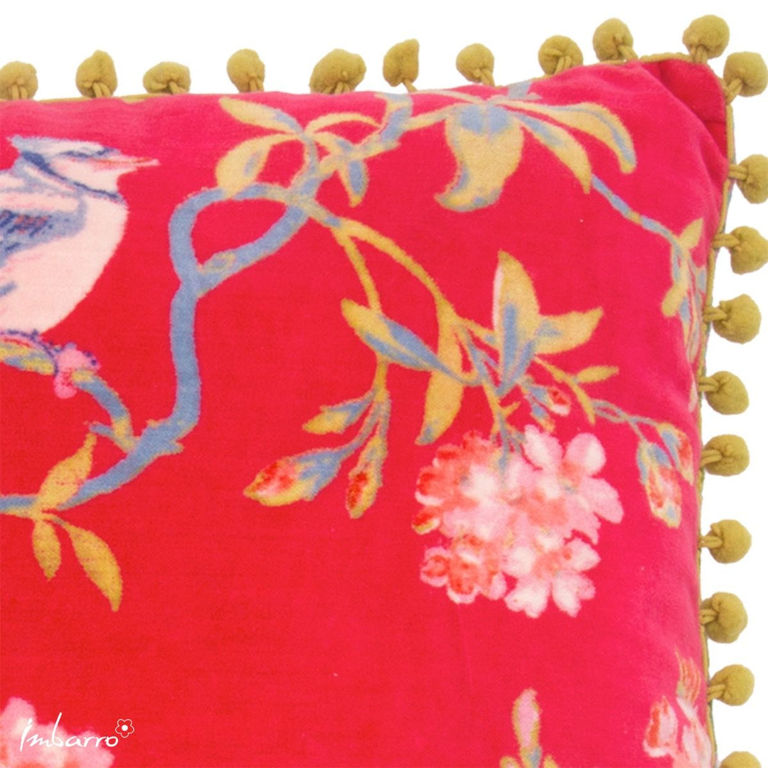 Kissen Vivienne – luxuriöses Samtkissen mit floralem Muster und Pompon Bordüre