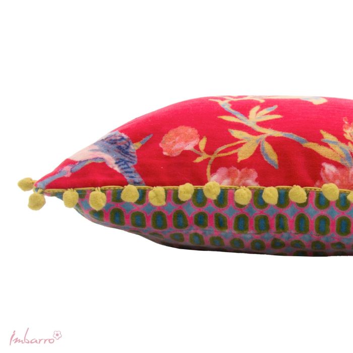 Kissen Vivienne – luxuriöses Samtkissen mit floralem Muster und Pompon Bordüre