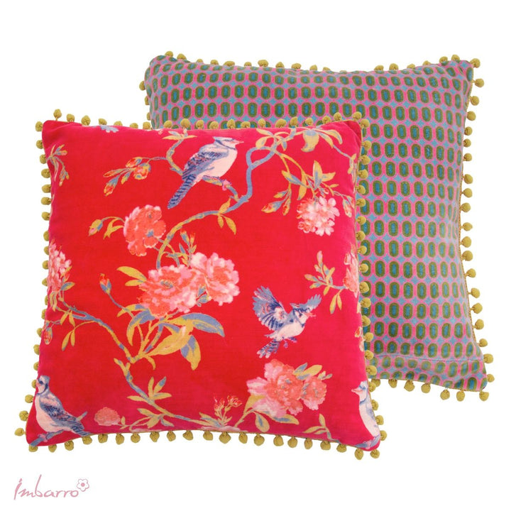 Kissen Vivienne – luxuriöses Samtkissen mit floralem Muster und Pompon Bordüre