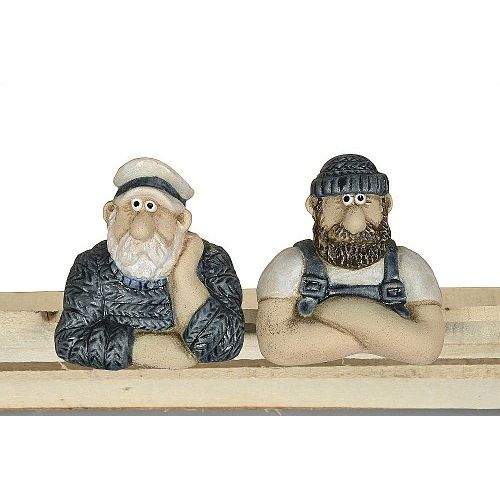 Maritime Fensterfigur Fischer – Zweier Set aus Steinzeug in Blau Weiß