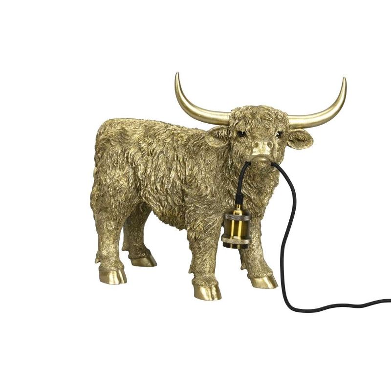 Lampe Highland Rind – dekorative Tischlampe aus Polyresin in Gold