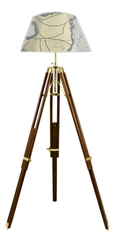 Stativ Lampe – höhenverstellbare Stehleuchte aus Holz und Messing im maritimen Stil