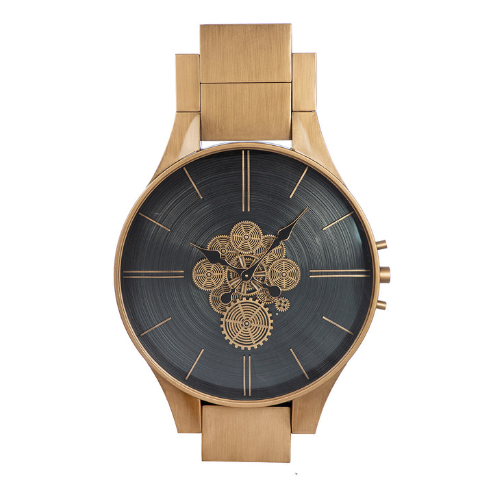 Wanduhr „Timing“ große Design Uhr in Uhrenoptik mit Zahnrädern in Kupferfarben