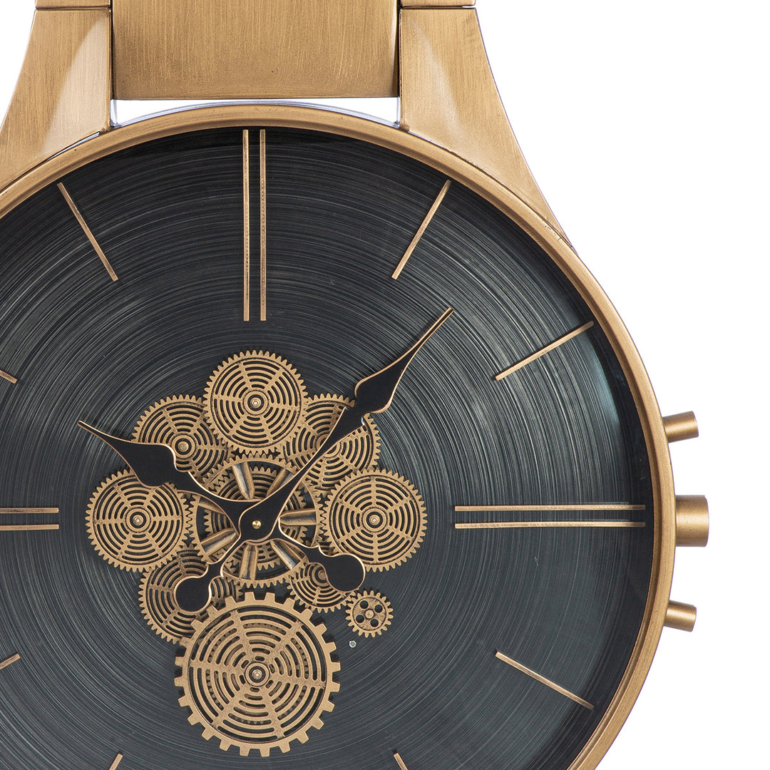 Wanduhr „Timing“ große Design Uhr in Uhrenoptik mit Zahnrädern in Kupferfarben