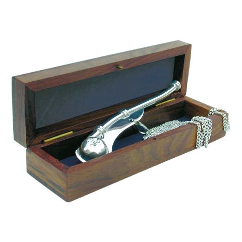 Bootsmannspfeife Nautic versilbert mit Kette – maritime Pfeife in Holzbox