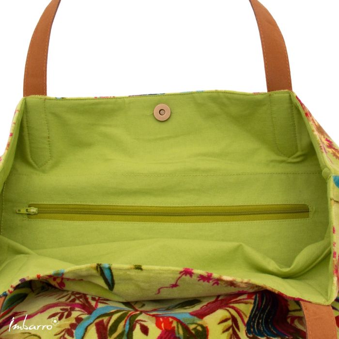 Shopper Tasche Apple – edle Samttasche mit floralem Vogelmotiv in Grün
