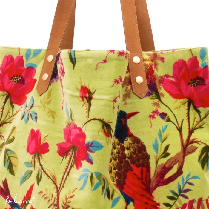 Shopper Tasche Apple – edle Samttasche mit floralem Vogelmotiv in Grün