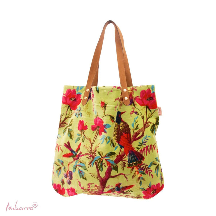 Shopper Tasche Apple – edle Samttasche mit floralem Vogelmotiv in Grün